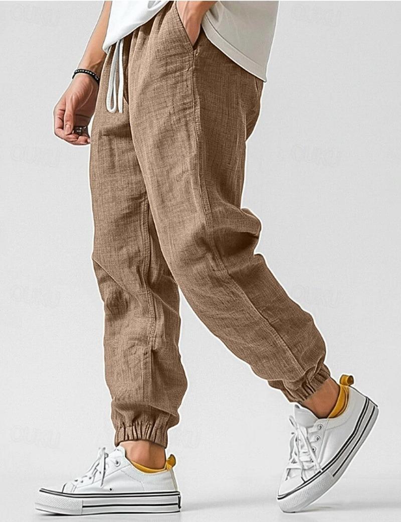 Urban Men's Linen Joggers Relaxed Fit Tapered Ankle Elastic Cuffs