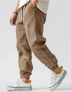 Urban Men's Linen Joggers Relaxed Fit Tapered Ankle Elastic Cuffs