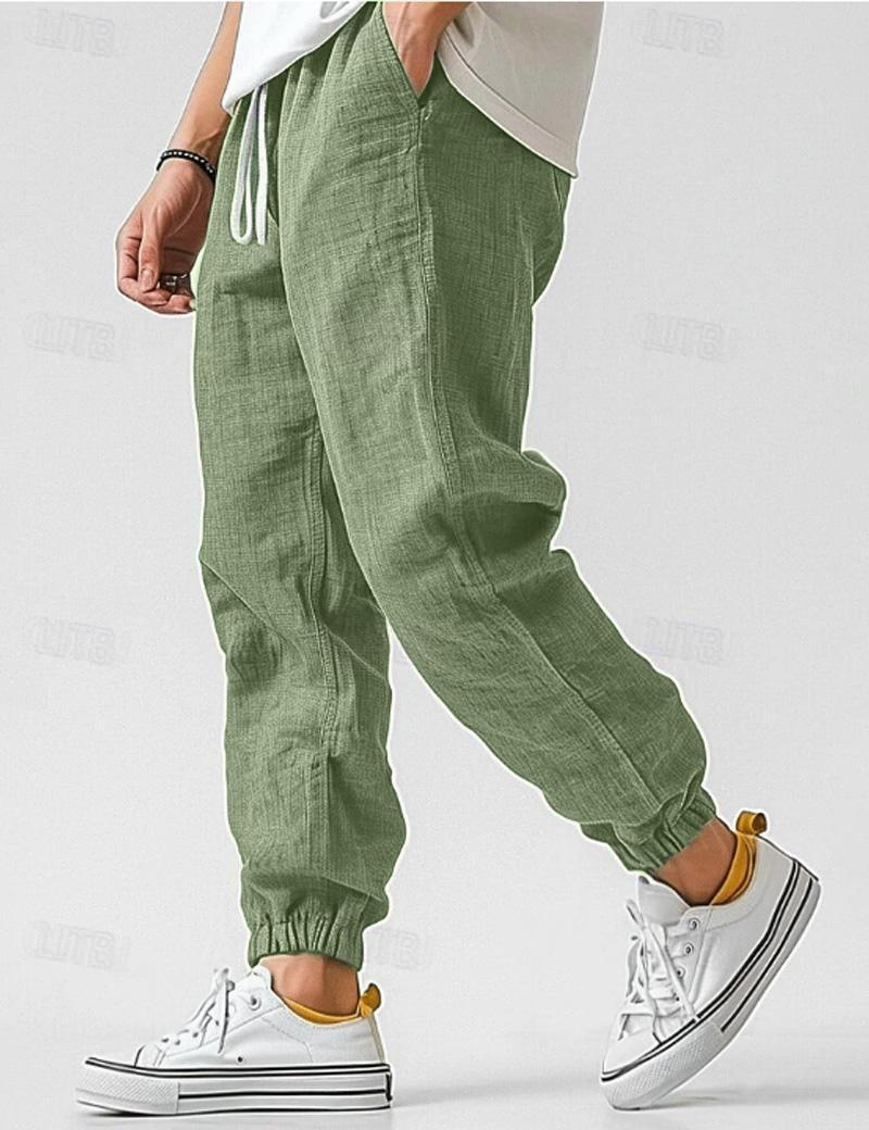 Urban Men's Linen Joggers Relaxed Fit Tapered Ankle Elastic Cuffs