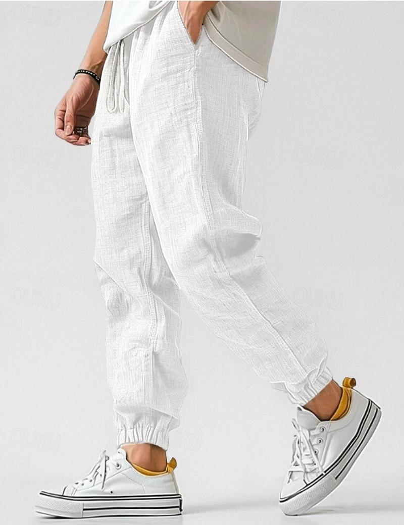 Urban Men's Linen Joggers Relaxed Fit Tapered Ankle Elastic Cuffs