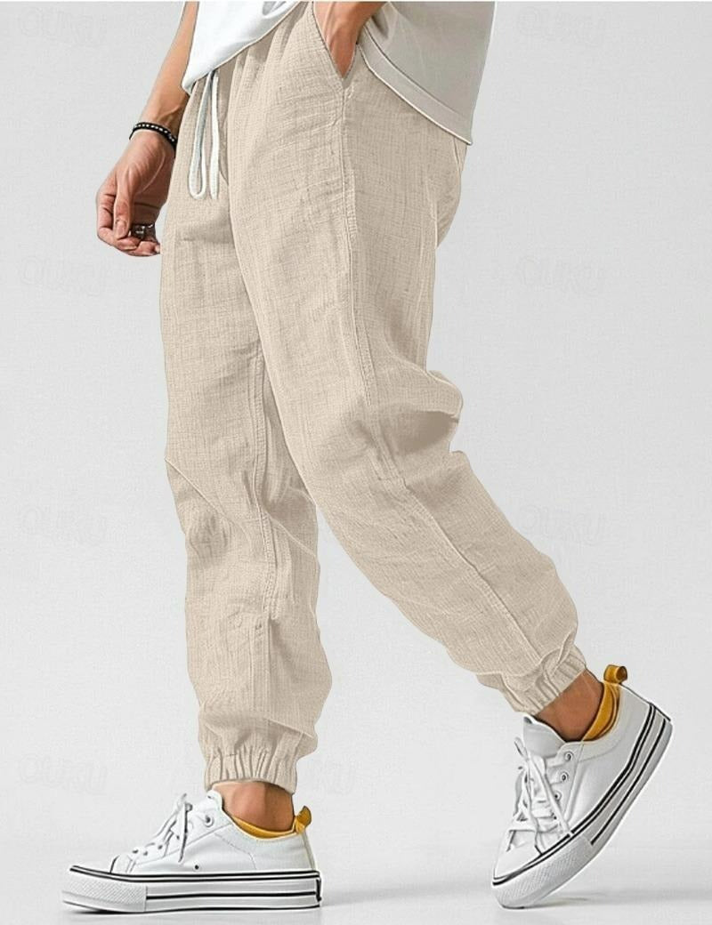 Urban Men's Linen Joggers Relaxed Fit Tapered Ankle Elastic Cuffs