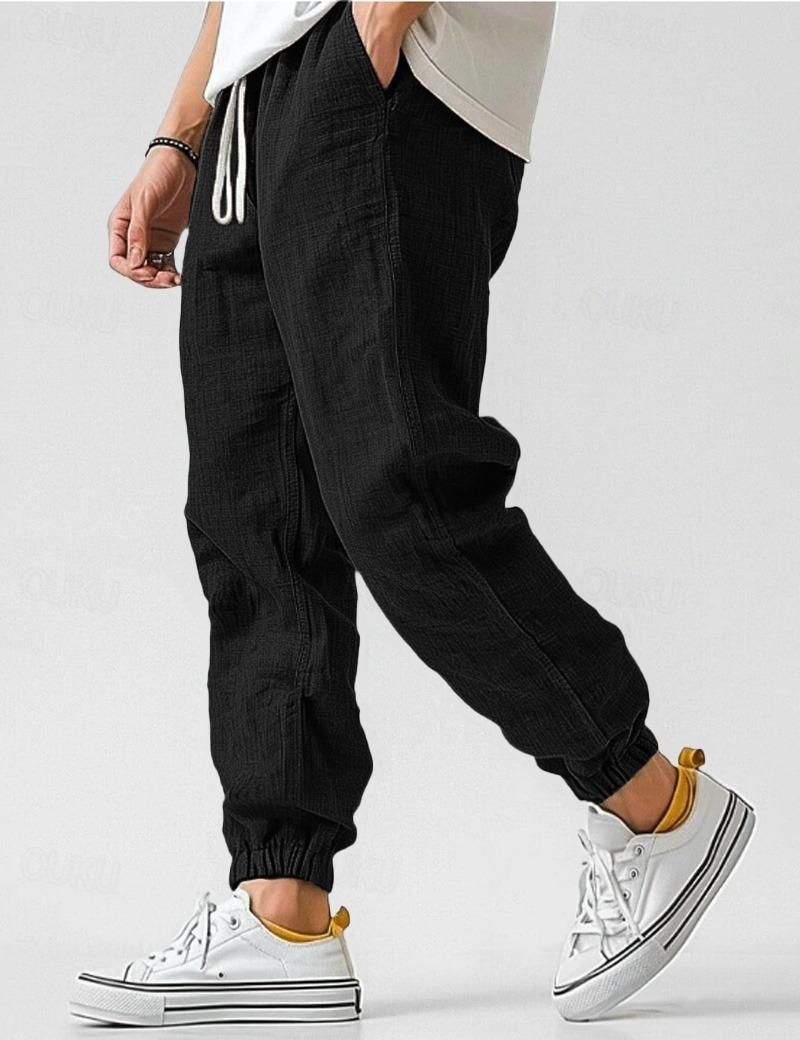 Urban Men's Linen Joggers Relaxed Fit Tapered Ankle Elastic Cuffs