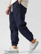 Urban Men's Linen Joggers Relaxed Fit Tapered Ankle Elastic Cuffs