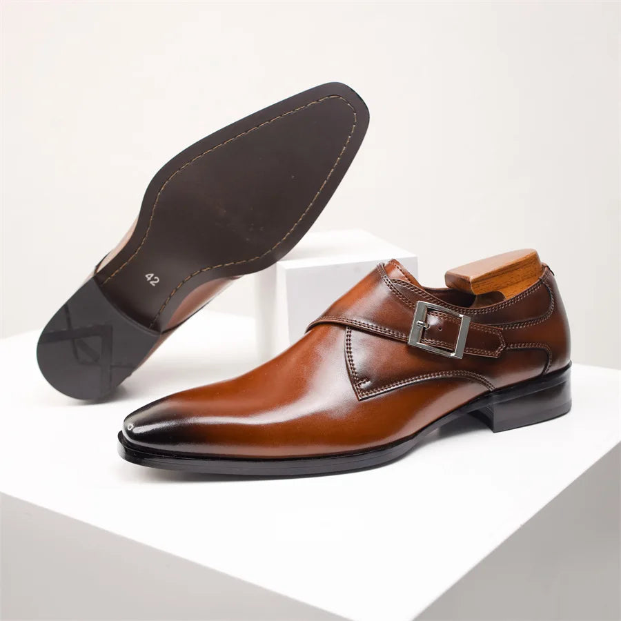 Men's Italian Monk Strap Dress Shoes Single Buckle Almond Toe