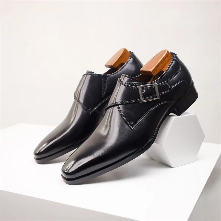Men's Italian Monk Strap Dress Shoes Single Buckle Almond Toe