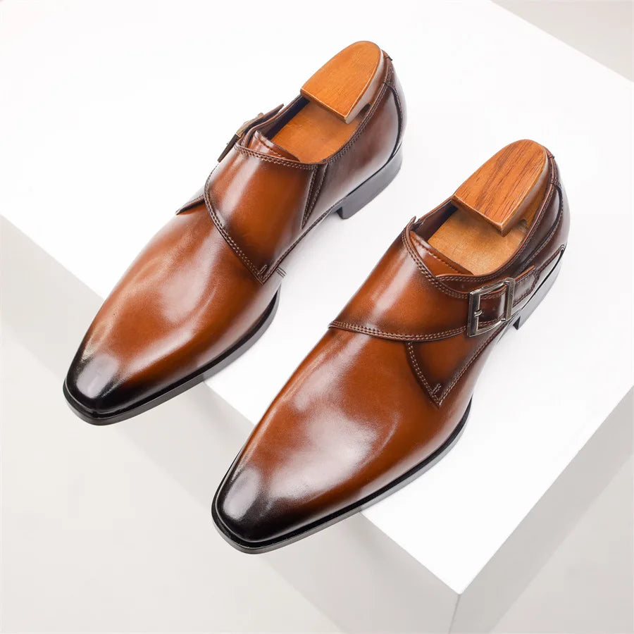 Men's Italian Monk Strap Dress Shoes Single Buckle Almond Toe
