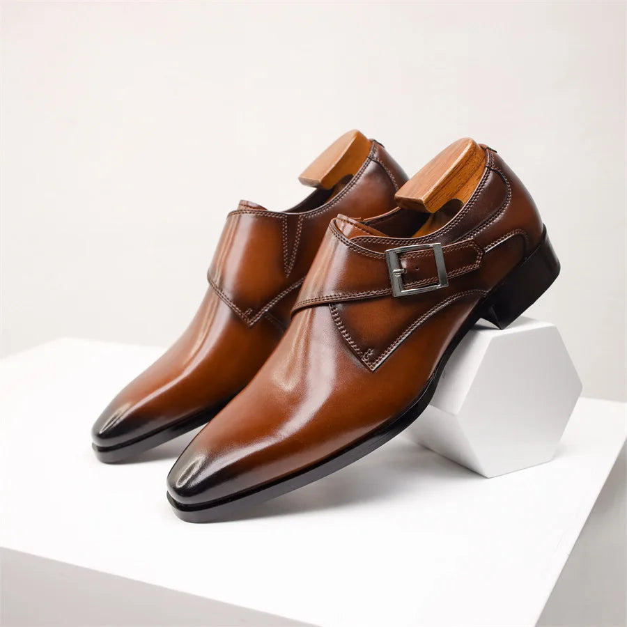 Men's Italian Monk Strap Dress Shoes Single Buckle Almond Toe
