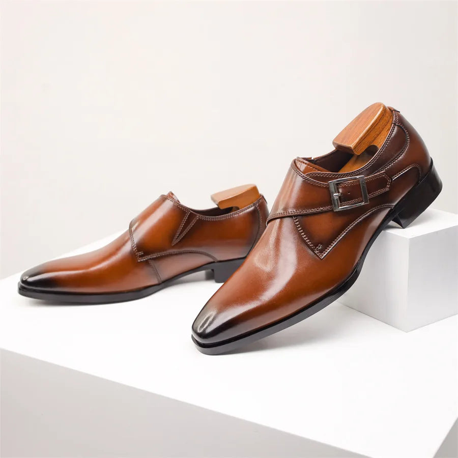 Men's Italian Monk Strap Dress Shoes Single Buckle Almond Toe