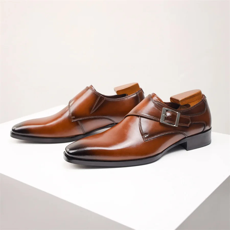 Men's Italian Monk Strap Dress Shoes Single Buckle Almond Toe