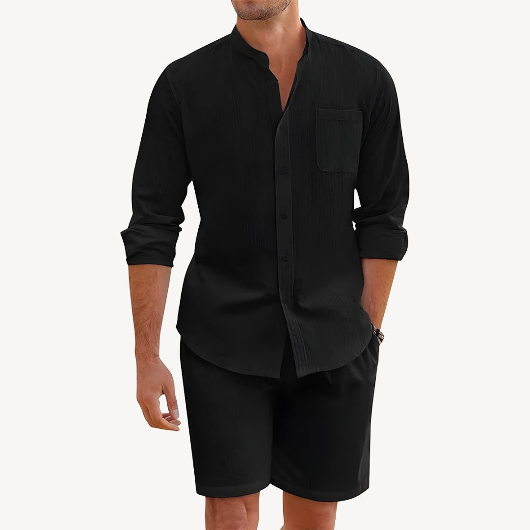 Mens Lightweight Two Piece Summer Casual Set With Button Up Shirt And Drawstring Shorts