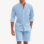 Mens Lightweight Two Piece Summer Casual Set With Button Up Shirt And Drawstring Shorts