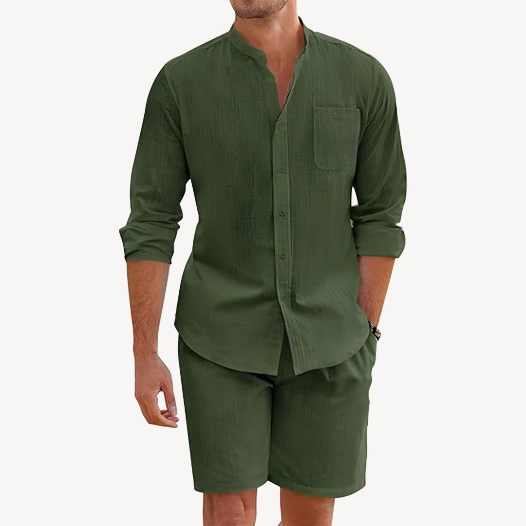 Mens Lightweight Two Piece Summer Casual Set With Button Up Shirt And Drawstring Shorts