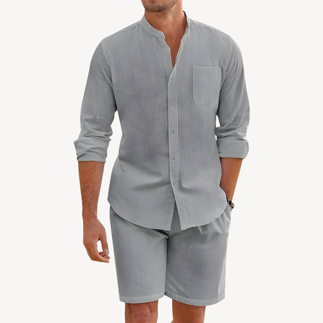 Mens Lightweight Two Piece Summer Casual Set With Button Up Shirt And Drawstring Shorts