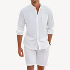 Mens Lightweight Two Piece Summer Casual Set With Button Up Shirt And Drawstring Shorts