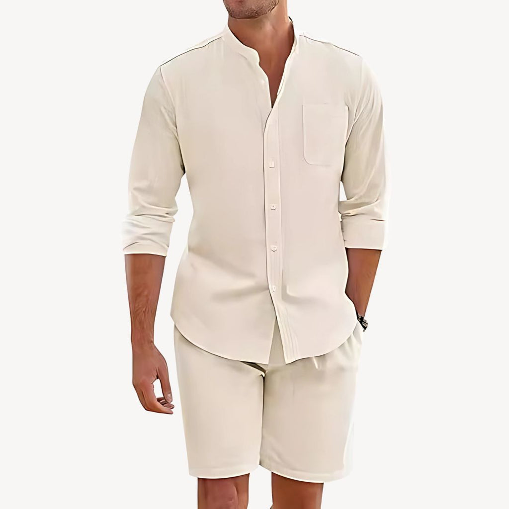 Mens Lightweight Two Piece Summer Casual Set With Button Up Shirt And Drawstring Shorts