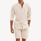 Mens Lightweight Two Piece Summer Casual Set With Button Up Shirt And Drawstring Shorts