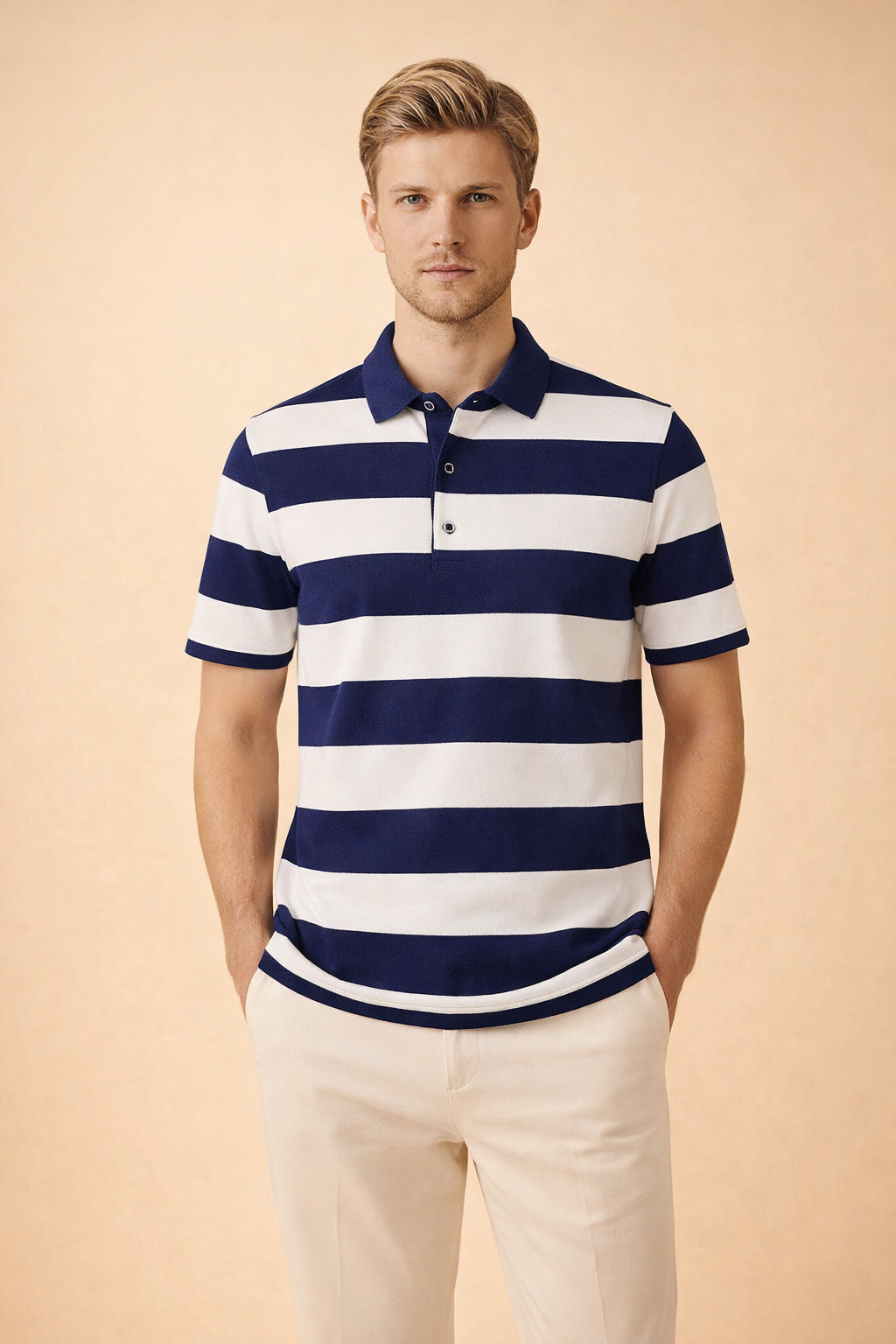 Men's Short Sleeve Horizontal Striped Polo Shirt Button Placket