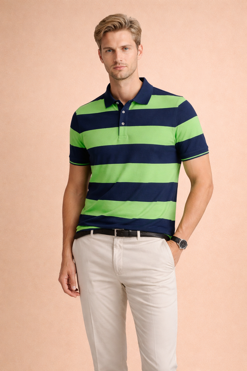 Men's Short Sleeve Horizontal Striped Polo Shirt Button Placket