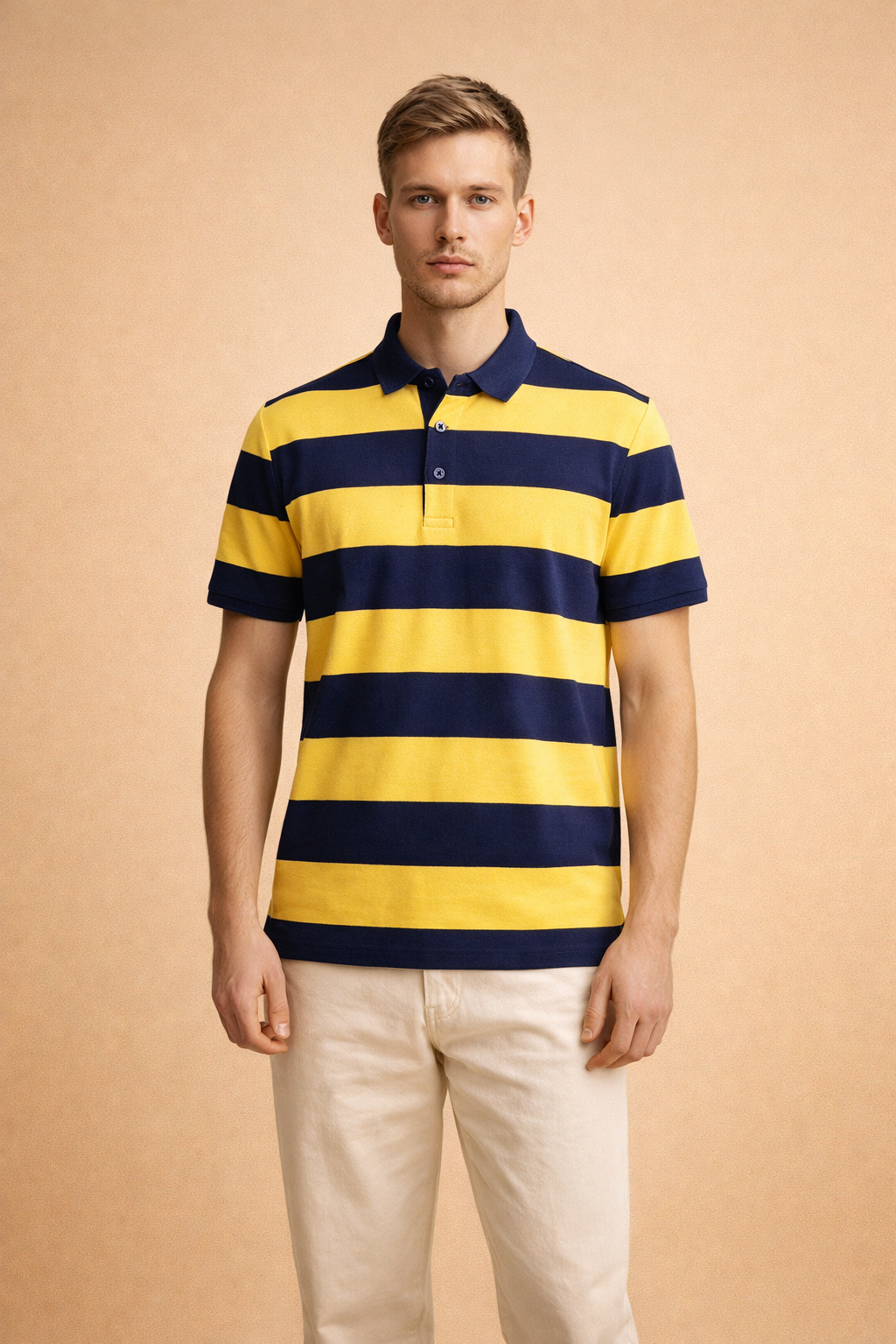 Men's Short Sleeve Horizontal Striped Polo Shirt Button Placket