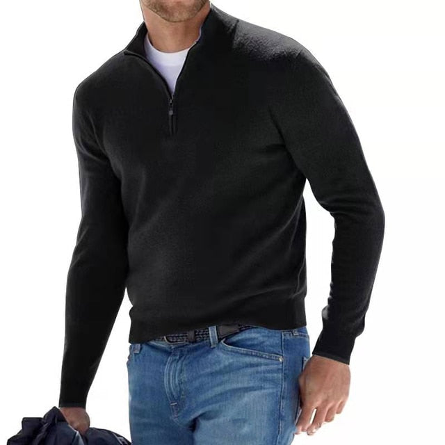 Luca Belloni Faux Merino V-Neck Zip Sweater With Soft Casual Fit