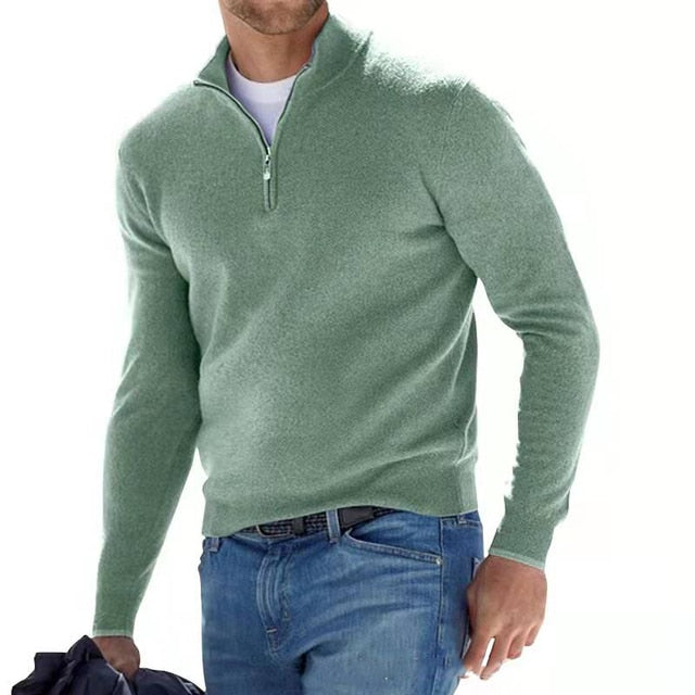 Luca Belloni Faux Merino V-Neck Zip Sweater With Soft Casual Fit