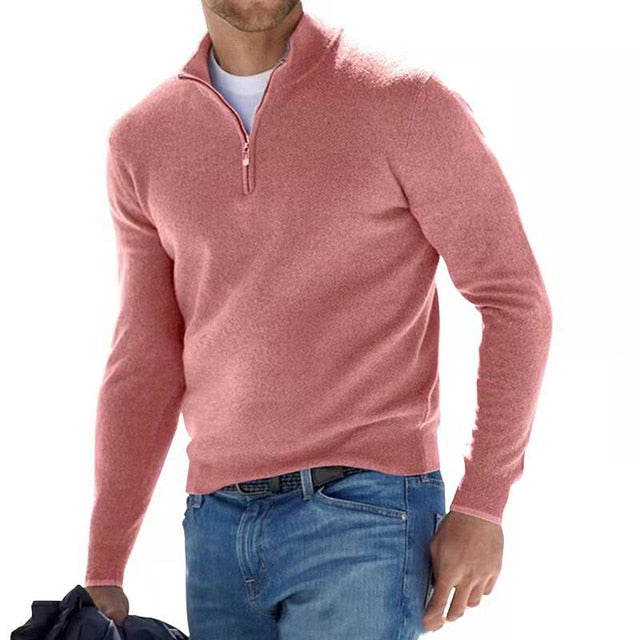 Luca Belloni Faux Merino V-Neck Zip Sweater With Soft Casual Fit