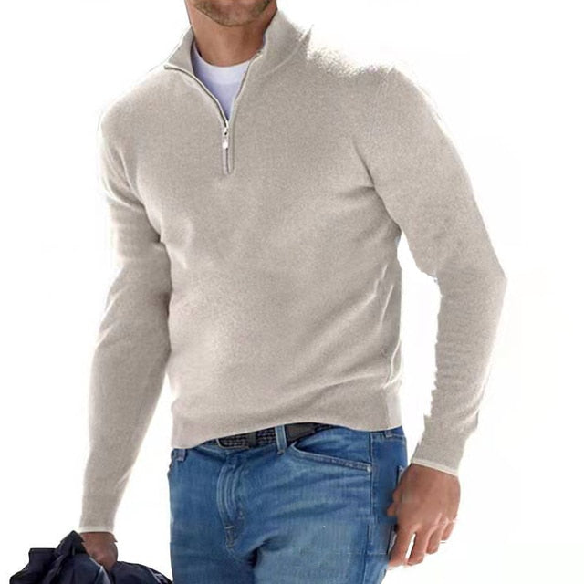 Luca Belloni Faux Merino V-Neck Zip Sweater With Soft Casual Fit