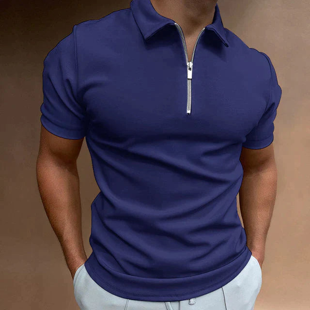 Men's Casual Short Sleeve Quarter Zip Polo Shirt Fitted Collar