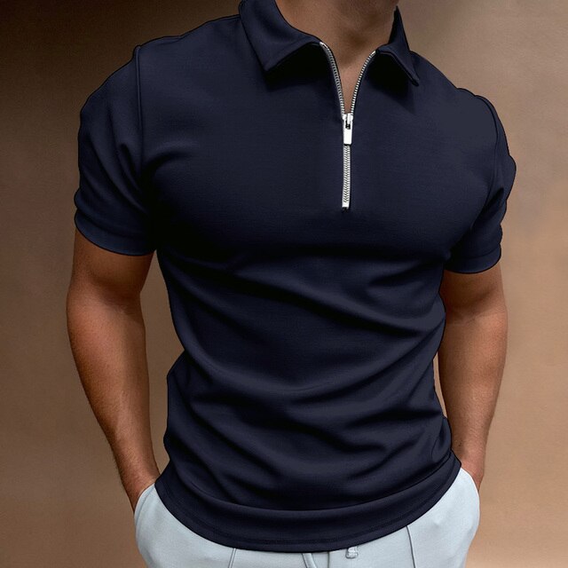 Men's Casual Short Sleeve Quarter Zip Polo Shirt Fitted Collar