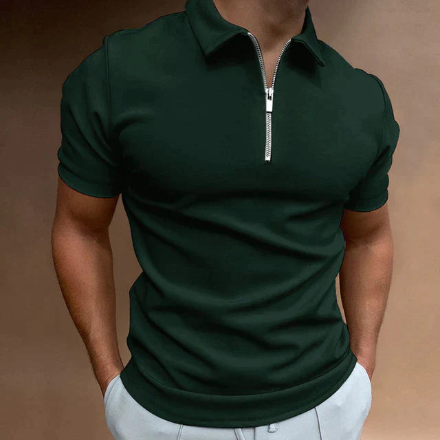 Men's Casual Short Sleeve Quarter Zip Polo Shirt Fitted Collar