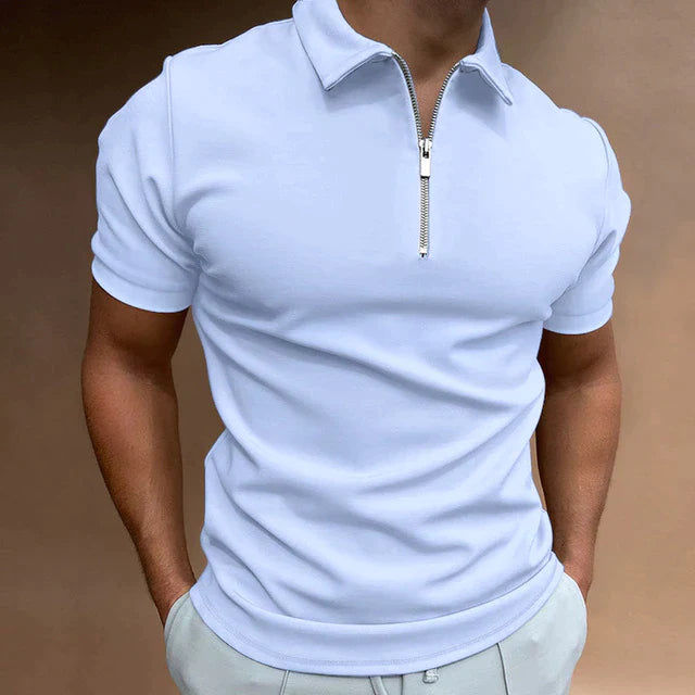 Men's Casual Short Sleeve Quarter Zip Polo Shirt Fitted Collar