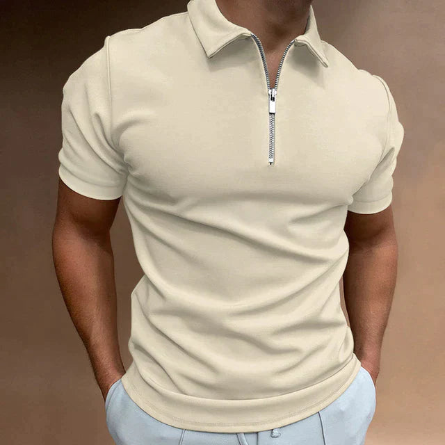 Men's Casual Short Sleeve Quarter Zip Polo Shirt Fitted Collar