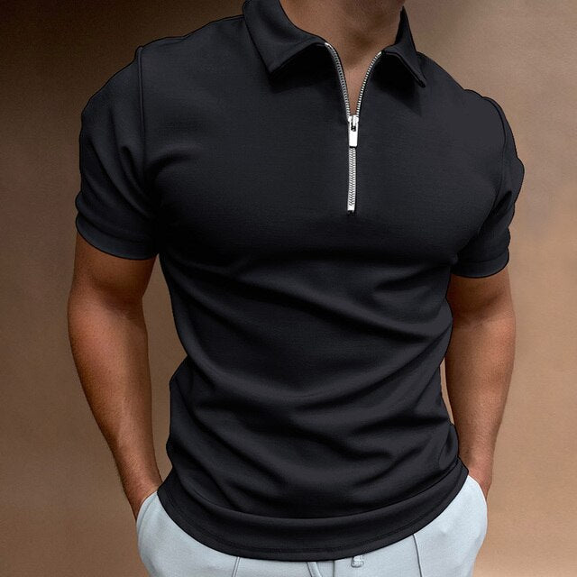 Men's Casual Short Sleeve Quarter Zip Polo Shirt Fitted Collar