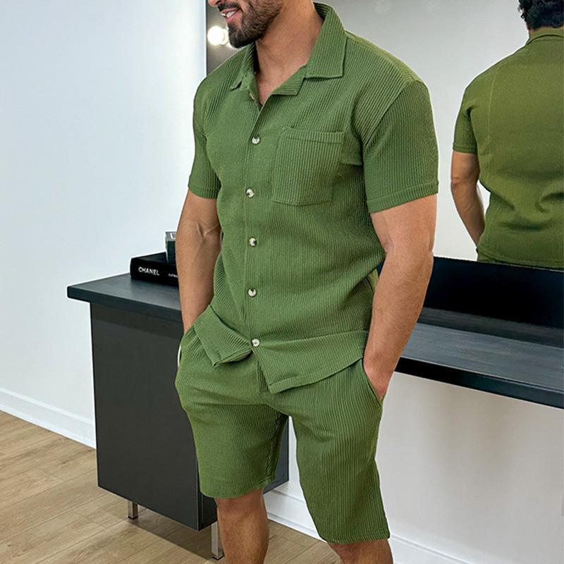 Mens Ribbed Knit Two Piece Set Short Sleeve Collared Shirt And Shorts