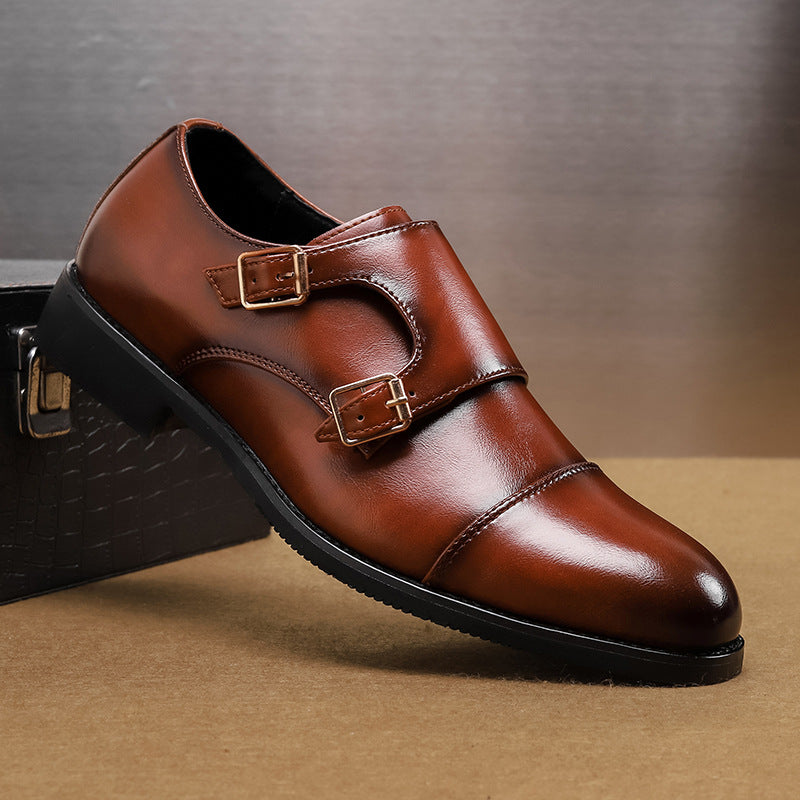 Premium Men's Polished Leather Double Monk Strap Shoes With Rubber Sole