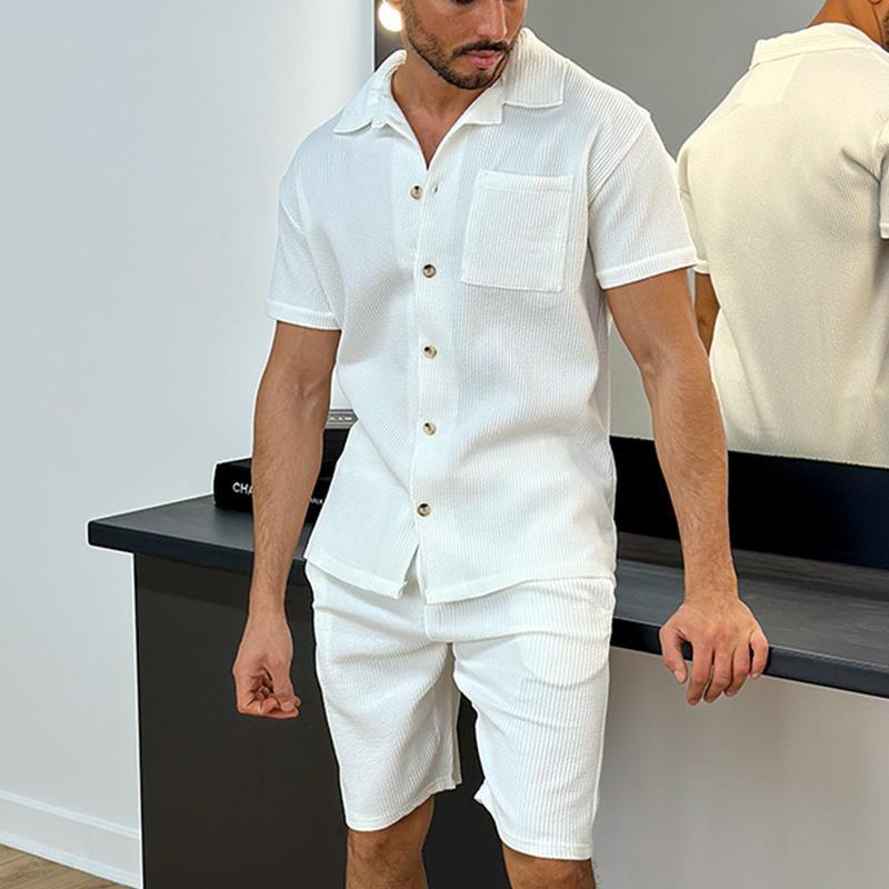 Mens Ribbed Knit Two Piece Set Short Sleeve Collared Shirt And Shorts