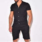 Mens Ribbed Knit Two Piece Set Short Sleeve Collared Shirt And Shorts