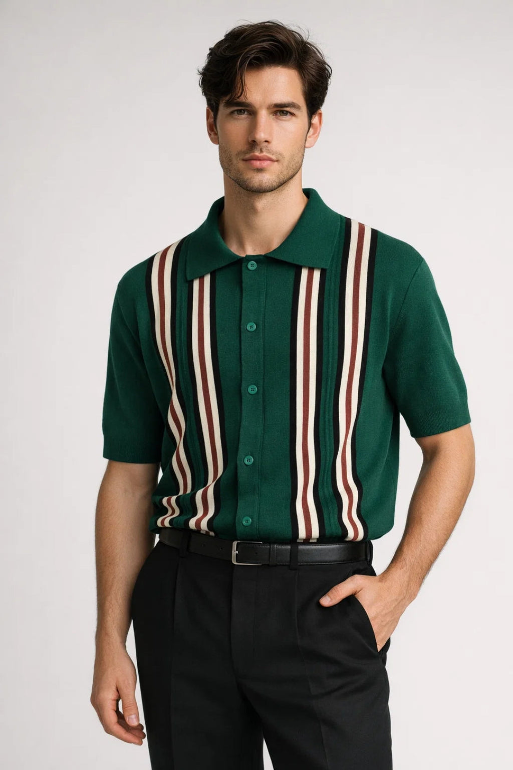 Mens Retro Vertical Stripe Knit Polo Shirt With Full Button Placket