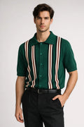 Mens Retro Vertical Stripe Knit Polo Shirt With Full Button Placket