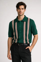 Mens Retro Vertical Stripe Knit Polo Shirt With Full Button Placket