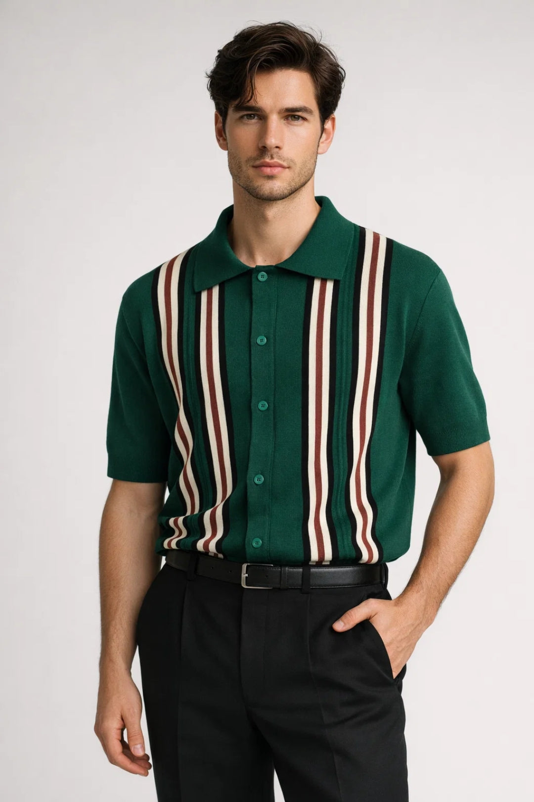 Mens Retro Vertical Stripe Knit Polo Shirt With Full Button Placket
