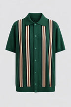 Mens Retro Vertical Stripe Knit Polo Shirt With Full Button Placket