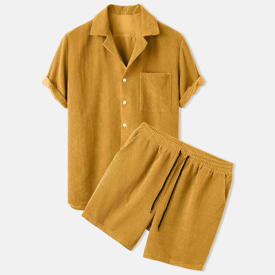 Mens Textured Short Sleeve Button Shirt And Elastic Waist Shorts Set
