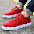 Mens Canvas Low Top Trainers With Leather Trim Heel And White Rubber Sole