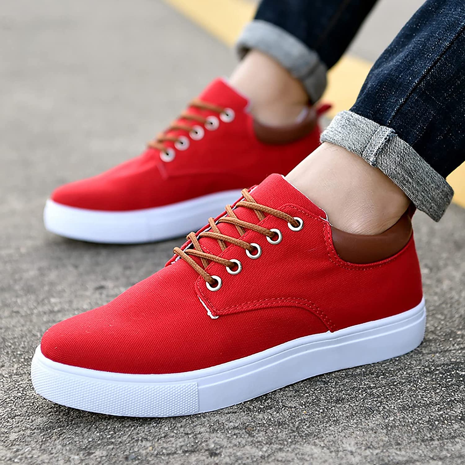 Mens Canvas Low Top Trainers With Leather Trim Heel And White Rubber Sole