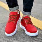 Mens Canvas Low Top Trainers With Leather Trim Heel And White Rubber Sole