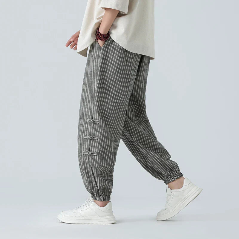 Atlas Men Linen Vertical Stripe Trousers With Side Toggle Cuffs