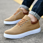 Mens Canvas Low Top Trainers With Leather Trim Heel And White Rubber Sole
