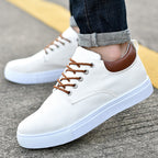 Mens Canvas Low Top Trainers With Leather Trim Heel And White Rubber Sole