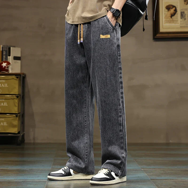 Men's Wide Leg Drawstring Jeans With Elastic Waist Straight Hem